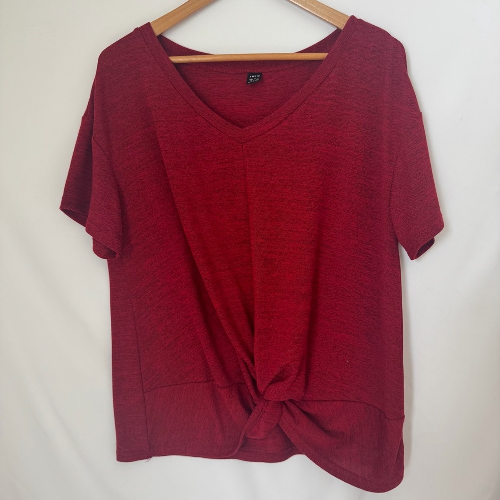 SHEIN Red Short Sleeve V-Neck Top